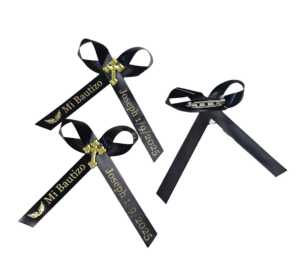 personalized ribbons with embellishment and pins on the back